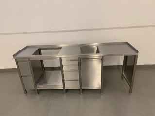 Edelstahl-Outdoormöbel Schrank 2800 x 700 x 850 mm  mit einem Becken 400 x 450 x 250 mm und zwei Schubladenblöcken